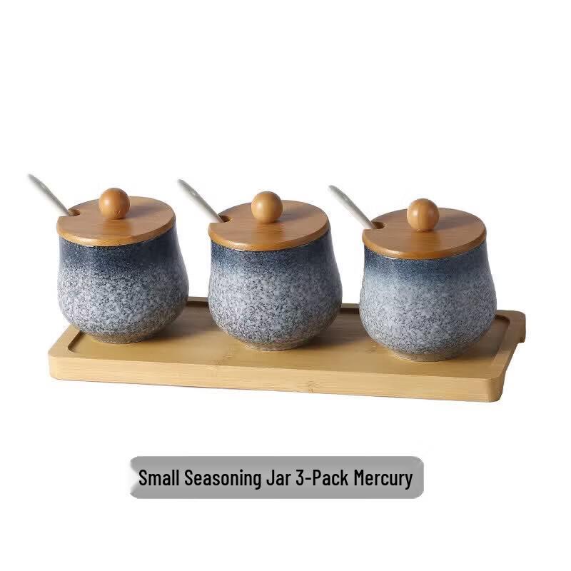 Japanese Ceramic Condiment Jars Set with Spoons, Lids & Tray