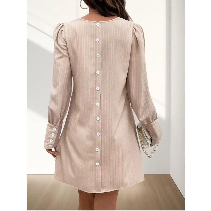 Spring and Summer New Arrival Fashion Fashion Commuter Ol Pure Color V-neck Back Single-Breasted Bubble Long Sleeve Dress Short Skirt for Women
