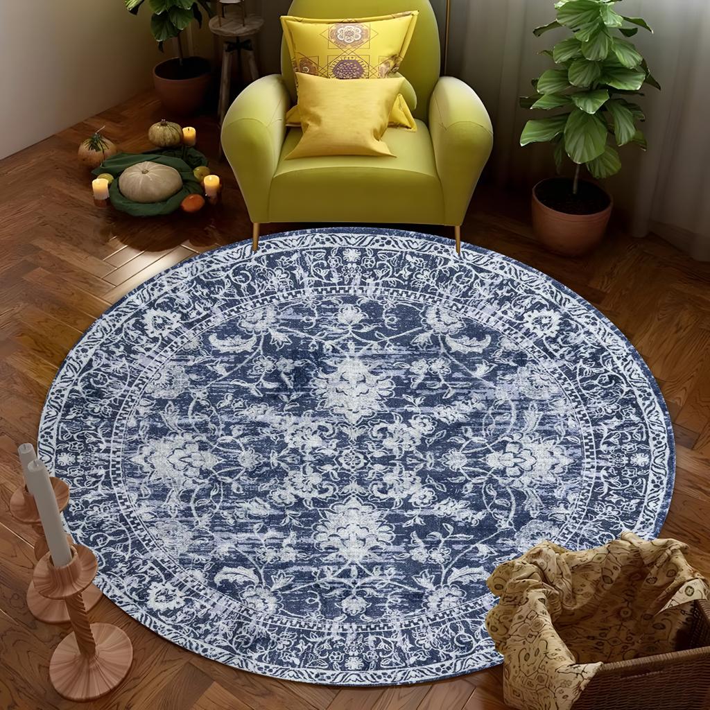 Round Navy Blue Floral Carpet White Symmetrical Motifs with Botanical Details,Elegant Vintage Rug for Living Room,Classic Decor