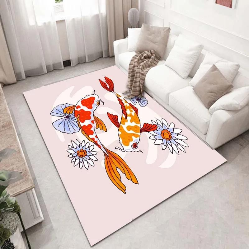 Japanese Luxury Koi Fish Flowers Pattern Living Room Anti Slip Area Carpet Bathroom Mat Doormat Bedroom Outdoor Mat Home Decor