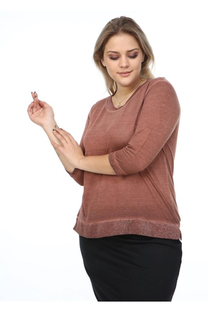 Damen Übergröße Bluse Orange Rundhalsausschnitt Ärmel Glitzer-Details Ölwasch-Bluse