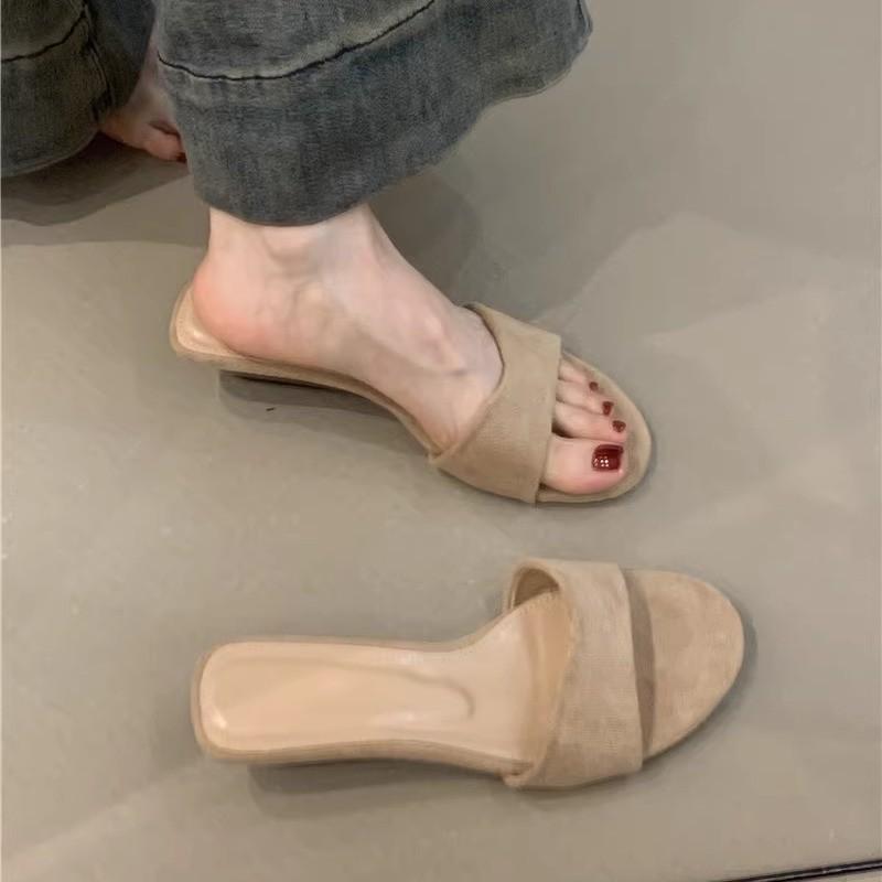 Niche design cool slippers summer French simple suede versatile open-toed wedge heel one-word sandals