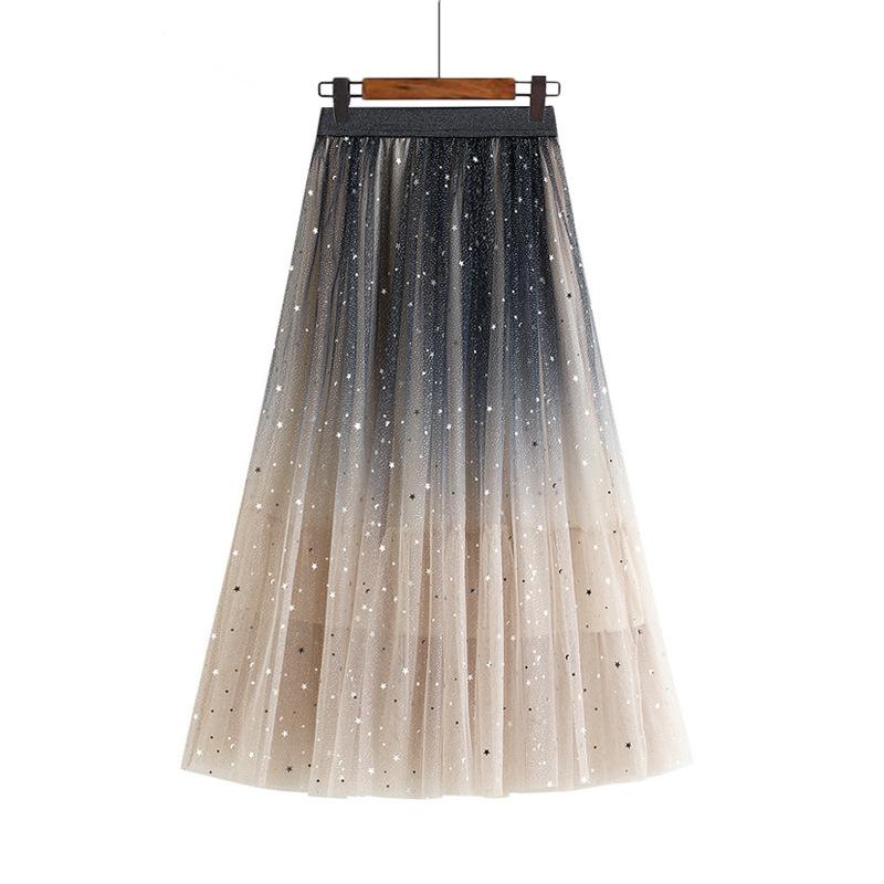 Sommerliches Pailletten-Traumkleid aus Tüll, mittellang, Farbverlauf, Stern-Pailletten-Galaxie-Kleid, modischer A-Linien-Rock mit hoher Taille