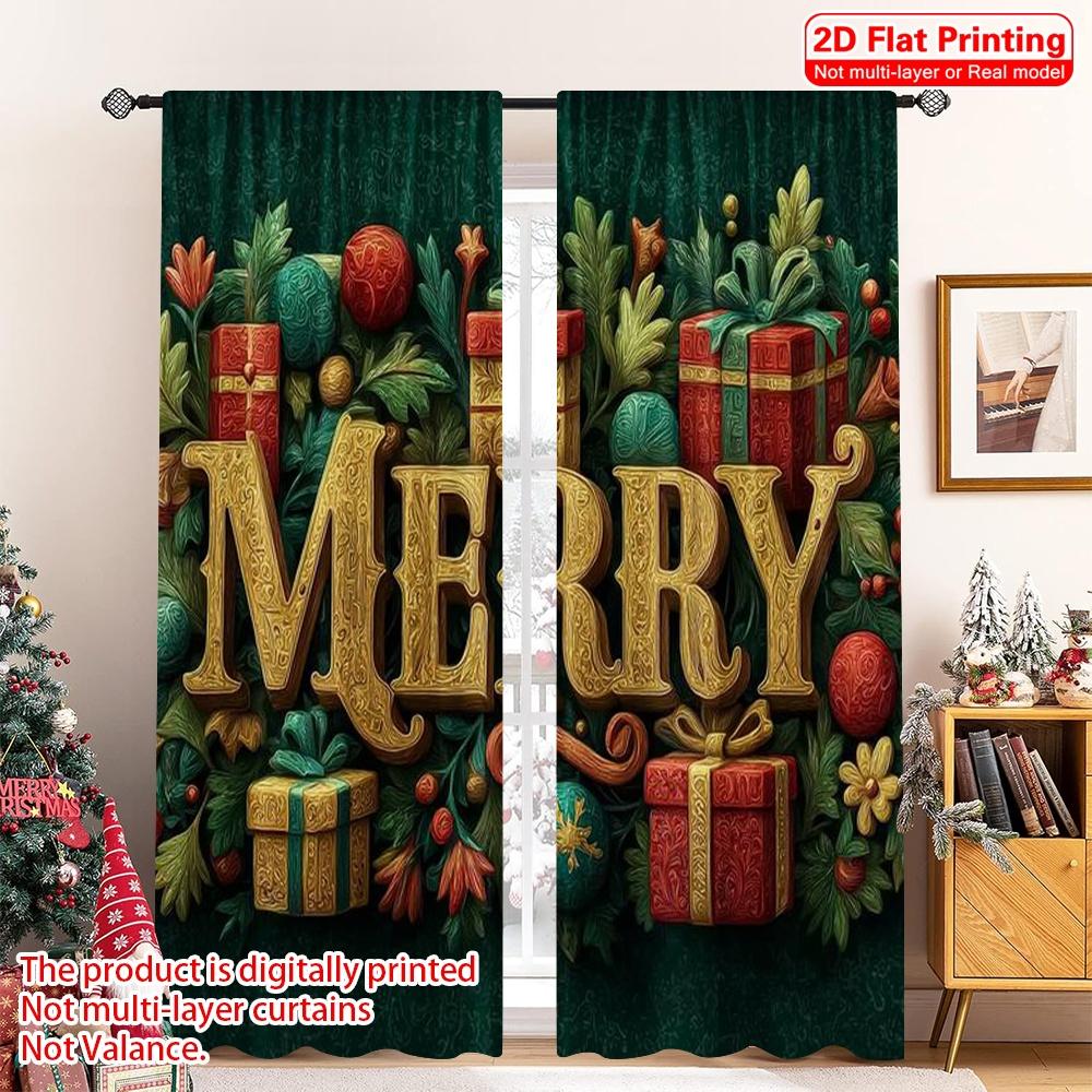 

Flat Printing Merry Christmas Popular Window Curtains Versatile Fabric Without Electricity Family Party Perfect Set Of 2 Made Polyester W100*H70(CM)-Hooks&1PCS