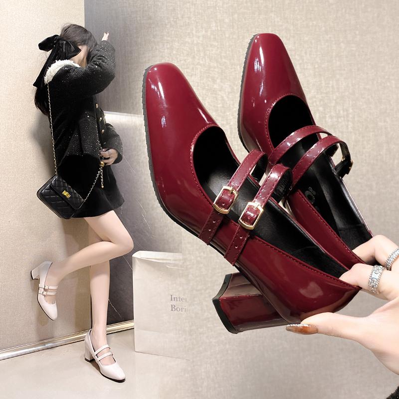Fashion Women's Shoes 2024 Fashion Mary Janes Women's High Heels Dress Pumps Women Square Toe Buckle Strap Chunky Heels Shoes Women