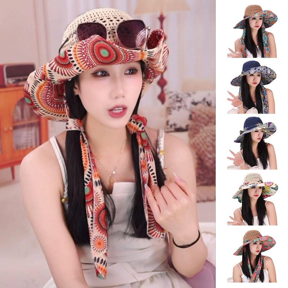 Breathable Beach Straw Hat Large Eaves Exquisite Flower Wide Brim Hat Foldable Uv Protection Handmade Hat Fashion Sunscreen