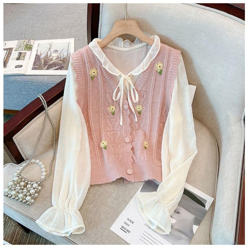 

Ретро Повседневный Кардиган-жилет с V-образным вырезом для женщин Осень Новый стиль Шикарный Короткий вязаный жилет с мелким цветочным узором L розовый