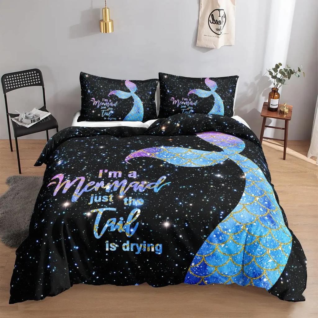 Mermaid Duvet Cover SetStarfish Blue Undersea Style Dreaming Fairy Tale Bedding Set Girly Comforter Cover Bedroom Decor Gifts
