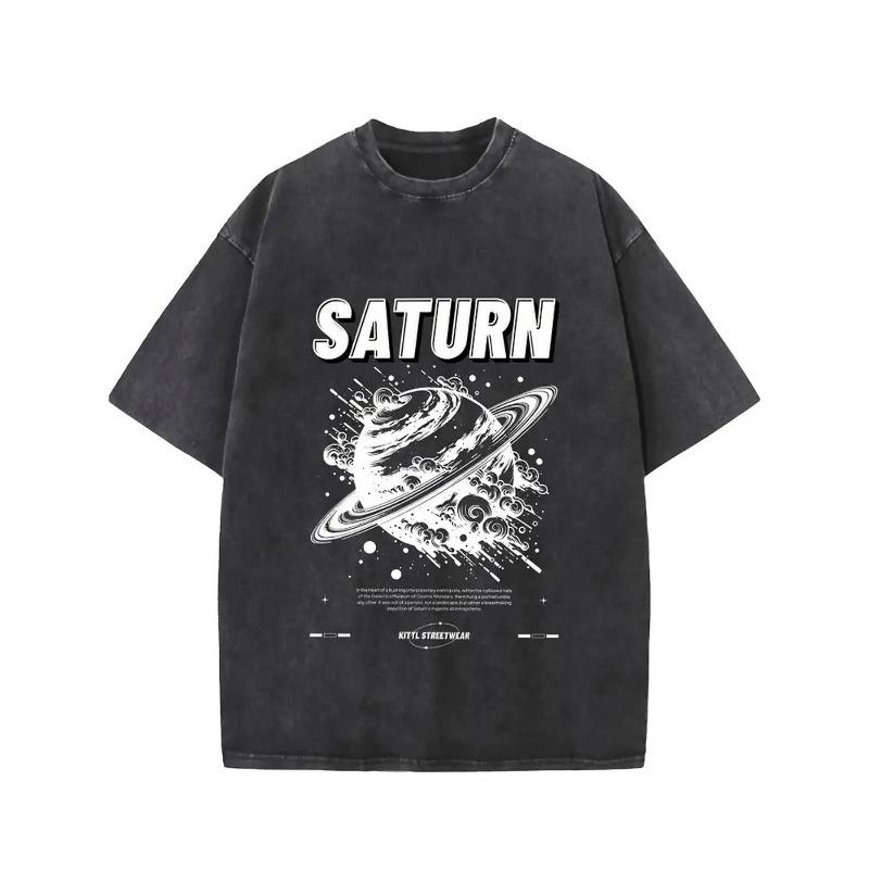 European Size for SATURN Graphic Cotton T-Shirt for Men – Vintage Space Design, Black with White Print, Casual Round Neck Tee, Perfect Summer Gift