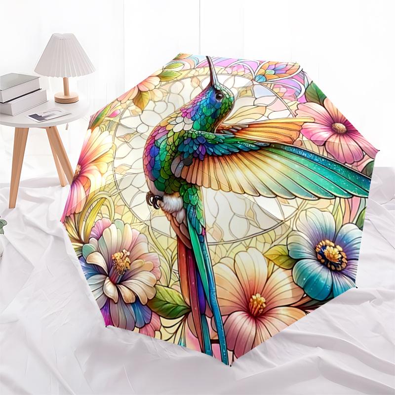 Stained Hummingbird Floral Pattern Automatic Folding Umbrella - Portable 3-Fold Design with Iron Frame, Perfect for Outdoor Use, Festive Gif
