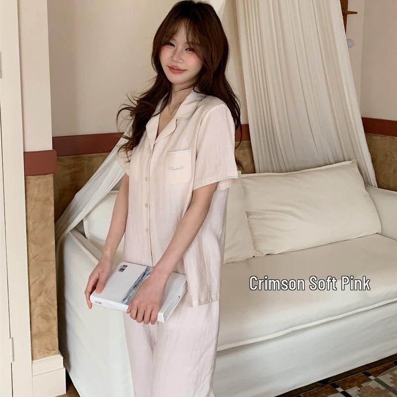 Spring/Summer Women s Solid V-Neck Embroidered Short-Sleeve Pajama Set XL (115-140 cm)