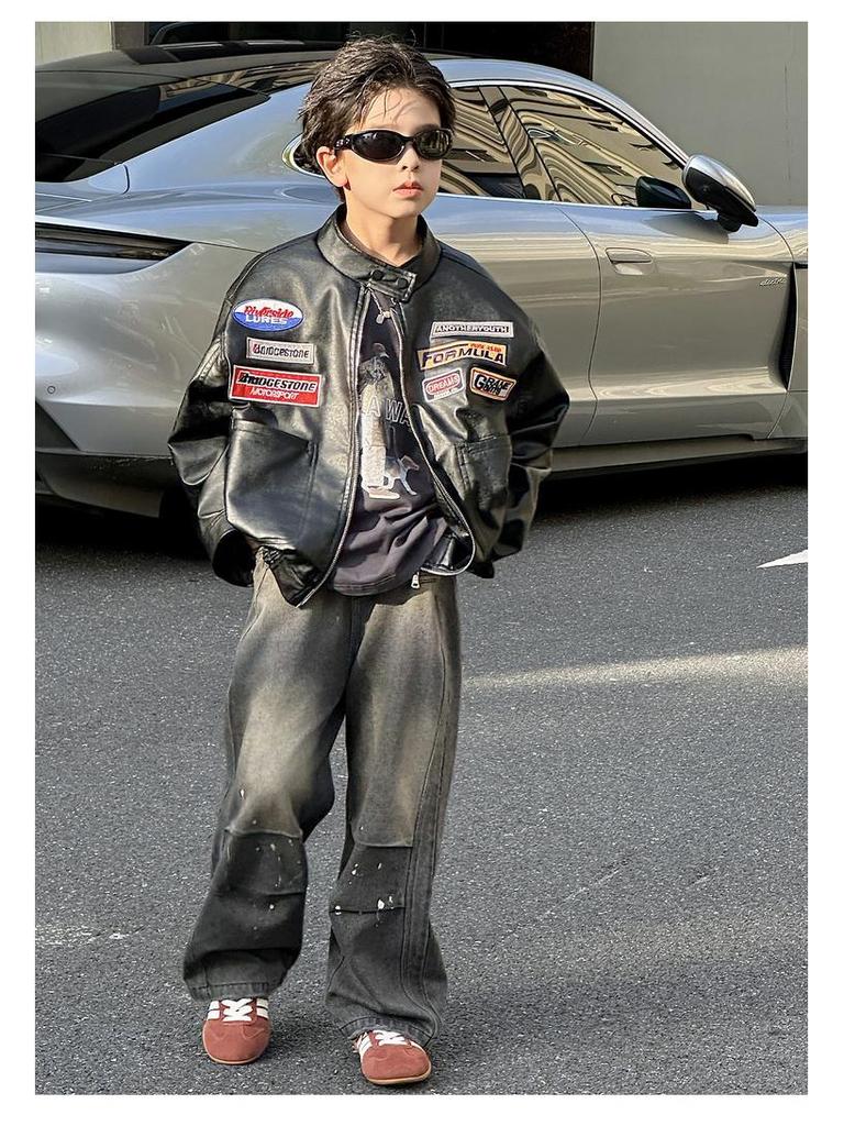 Herbst 2025 Trendige Jungen-Jacke aus besticktem PU-Leder - Retro-Stil-Unisex-Oberbekleidung