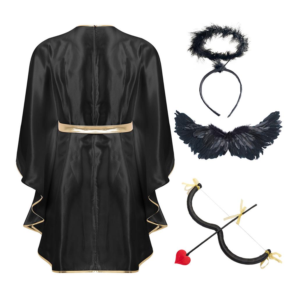 Men Angel Role Play Robe Patchwork Gold Trim Round Neck Batwing Sleeve with Feather Wing Headwear Bow and Arrow Set for Carnival