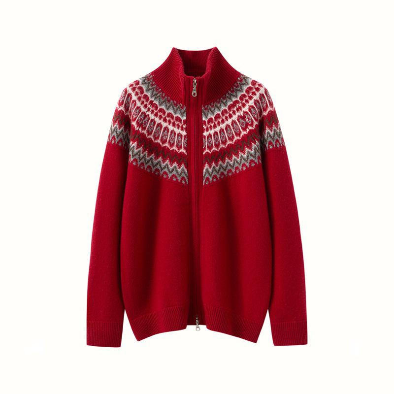 Fair Isle Jacquard Women's Color Block Cashmere Cardigan - 2025 Autumn/Winter Lapel Zipper Jacket