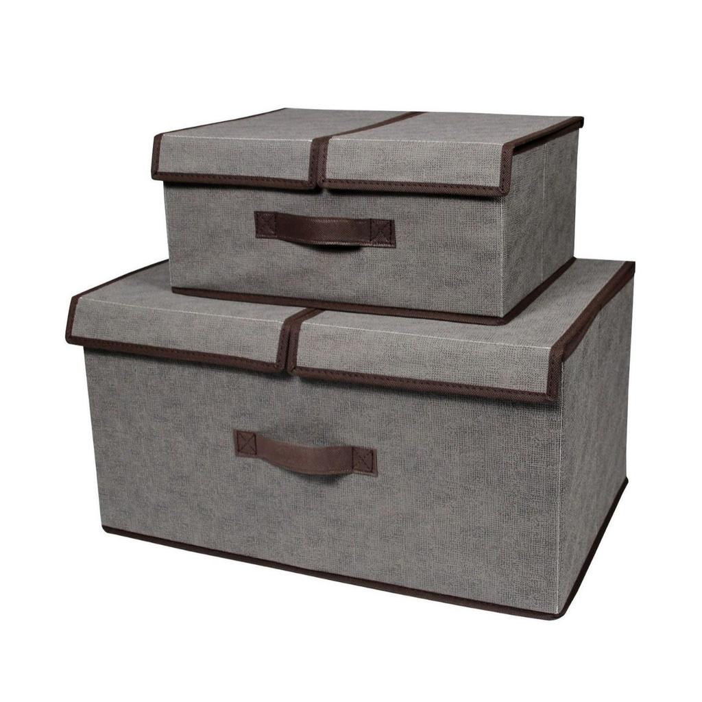 Foldable Cotton & Linen Double-Lid Storage Box with Handle for Clothes and Pants