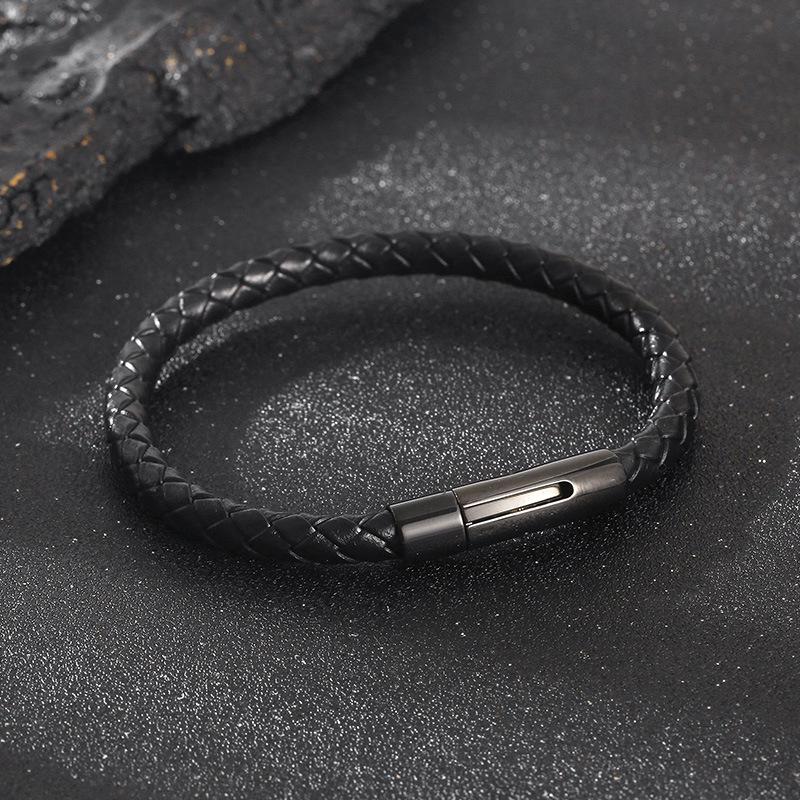 Men's Leather Rope Bracelet with Stainless Steel Snap Button - Minimalist and Trendy Design