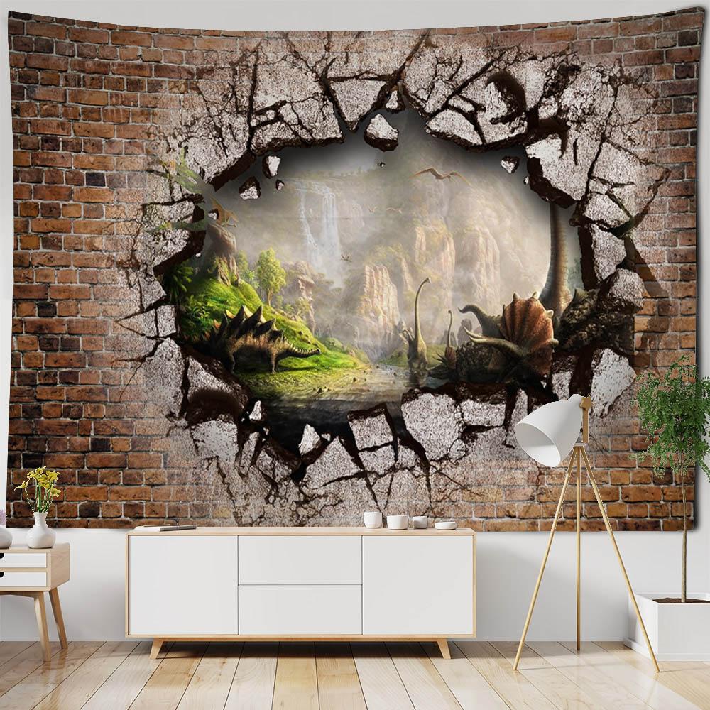 3D Stone Wall Dinosaur Landscape Tapestry Wall Hanging Cartoon Home Decoration Background Cloth Dormitory Living Room Bedroom