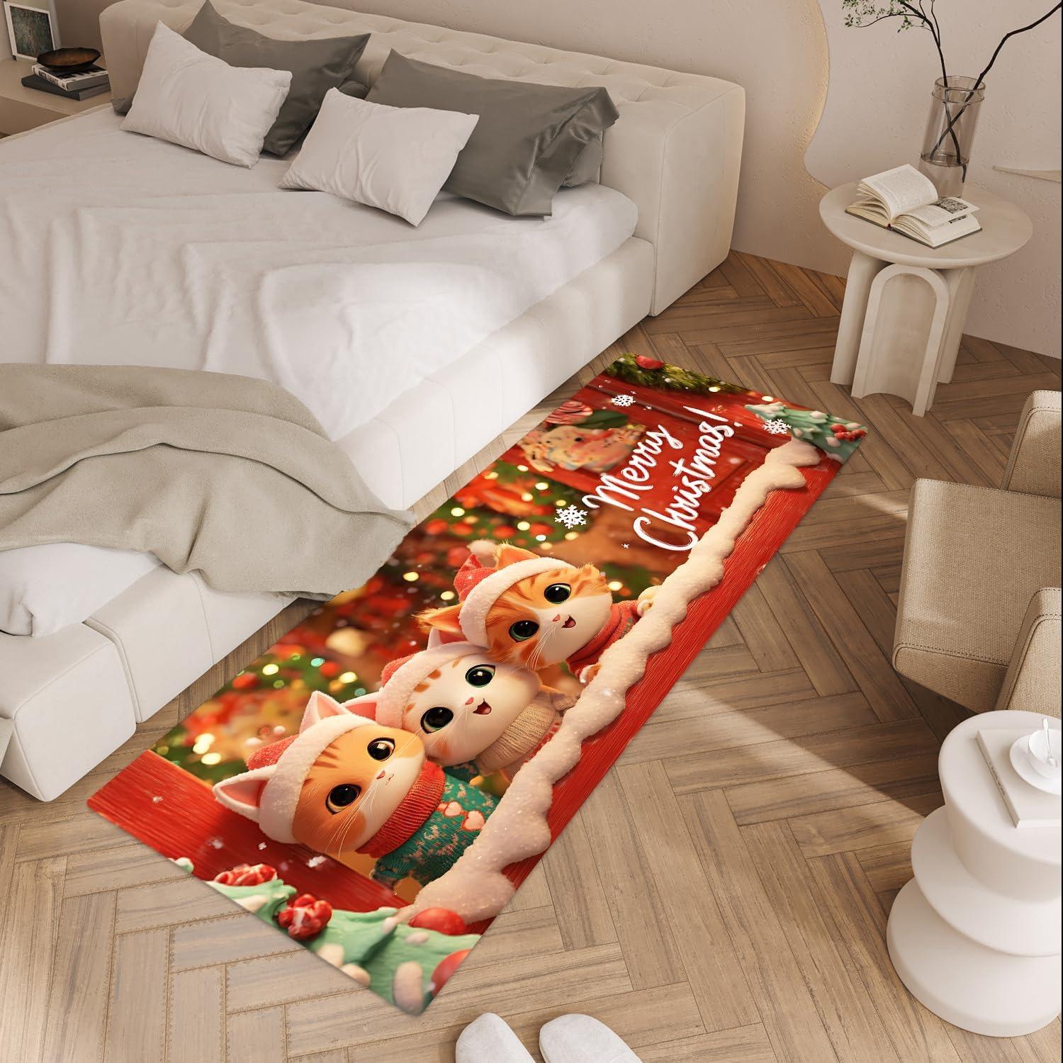 Cute Kitten Printed Rug Soft Carpet with Pink Flowers and Green Leaves Ladybugs Home Decor for Bedroom Room Non-Slip Floor Mat 40cm x 120cm