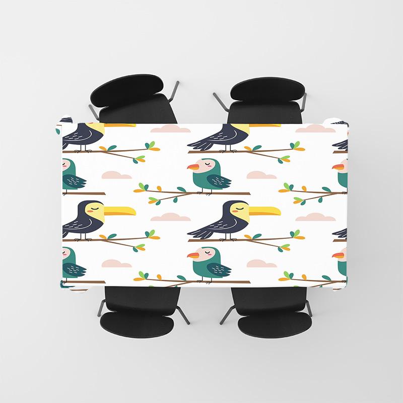 Modern Colorful Birds Tablecloth for Dining Room Decoration 100% Polyester Washable Home Textiles