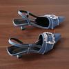 Modische Spitze Zehen Denim Sandale Elegante Strass Stein Kleid Party Mittlerer Absatz Sandalen Luxus Glitzer Schnalle Dekoration Damenschuhe