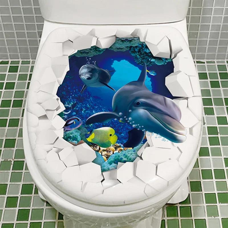 Fish Animals Seabed Ocean Toilet Sticker Bathroom Toilet Cover Sticker Wall Stickers Wc for Home Decoration Restroom Decor