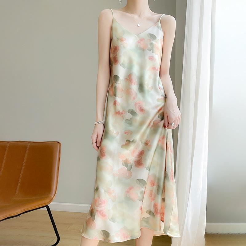 New Women's French Floral Mulberry Silk Satin V-Neck A-Line Camisole Dress - Slimming Summer Style