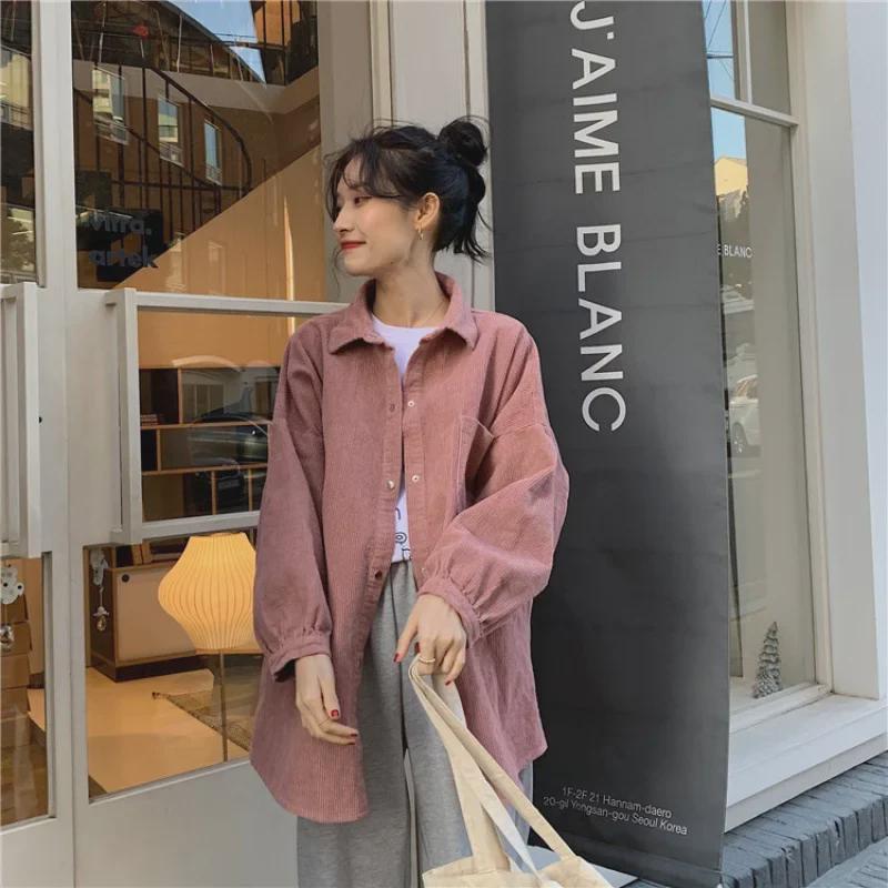 Women's Loose Corduroy Jacket - Korean Style, Versatile for Spring & Autumn, Medium To Long Length, 2022 Trend for Petite Sizes