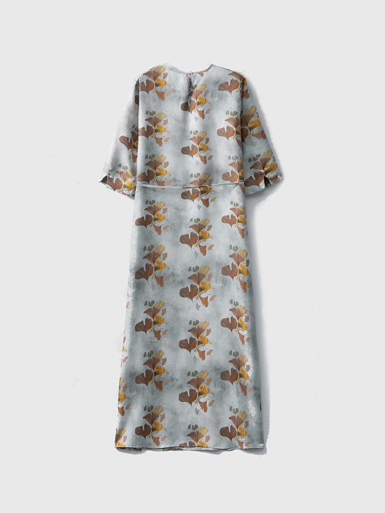 20mm Twill Silk Mulberry Tie-Waist Slimming Dress, Round Neck, Three-Quarter Sleeves, Elegant Long Dress