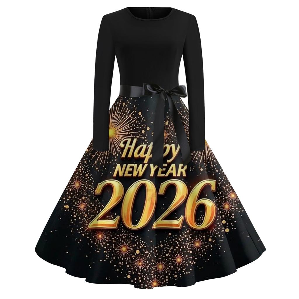 Women's Casual Fashion Round Neck Long Sleeve New Year Printed Retro Dress