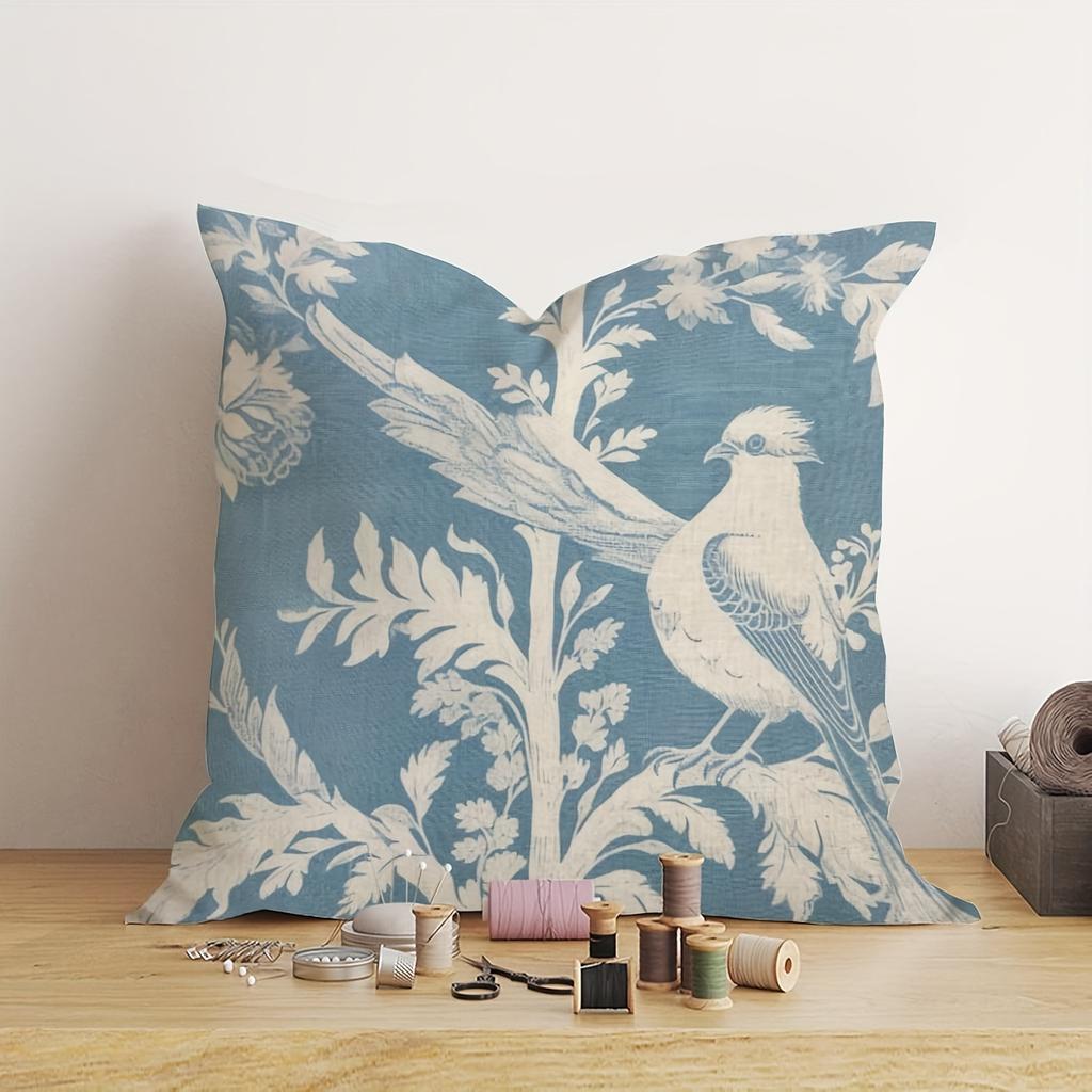 Double Sided Blue Toile De Jouy Bird Throw Pillow Cover Vintage Floral Botanical Print Decorative Cushion Cover For Home Decor