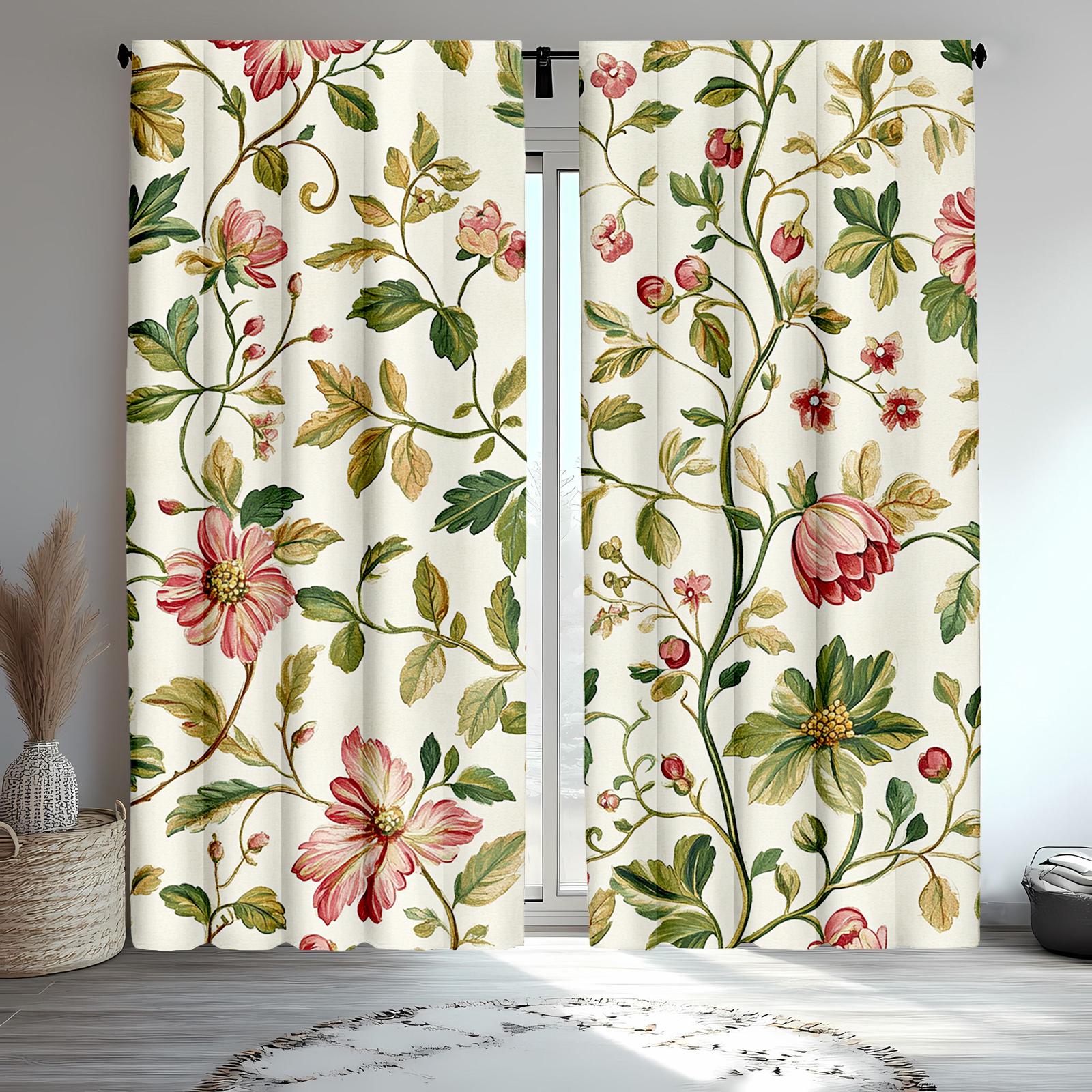 

2Pcs Floral Curtains, Shabby Chic Watercolor Design With Spring Flowers, Roses, And Poppies, Window Drapes 2 Panel Set 53x116cm &2pc