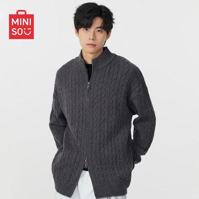 Miniso Men's Cable Knit Double-Zipper Stand-Collar Cardigan