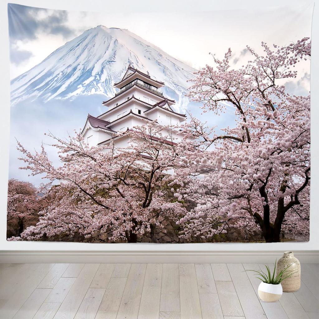 Sakura Tapestry Pink Japanese Cherry Blossoms Tapestries Spring Sunset Landscape Tapestry Wall Hanging for Bedroom Decoration