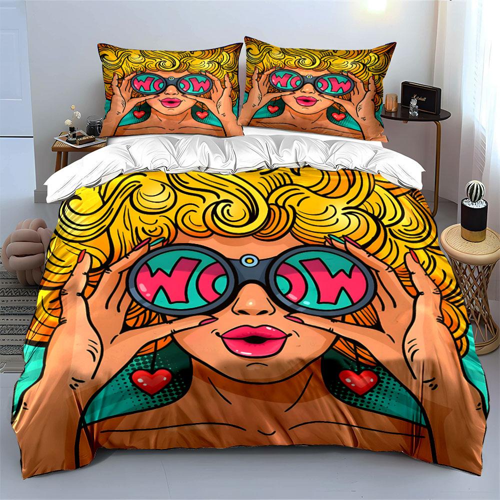Pop Art Woman with WOW Glasses Bedding Duvet Cover Set (1*Duvet Cover 2*Pillowcases, without duvet insert)