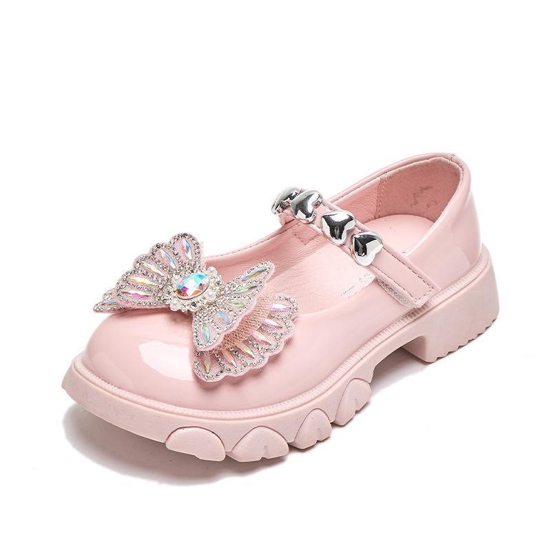 Spring new girls' leather shoes princess shoe rhinestone girl single shoe stylish student shoes bow child shoe performance shoes