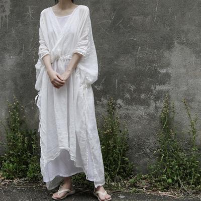 Women Vintage Ramie Bandage Summer Dress V-Neck Short Sleeve Robes Solid Color Loose Women Dress