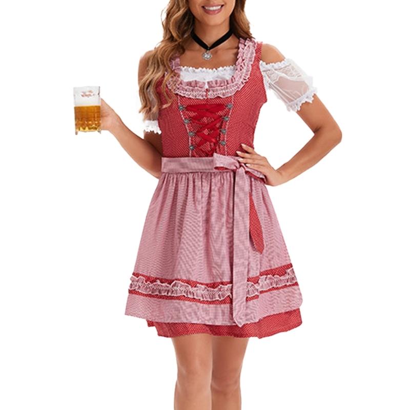 German Bavarian Oktoberfest Costume Set,Halloween Beer Costume Dirndl Dresses Blouse Apron Bows Ribbon for Adult Women