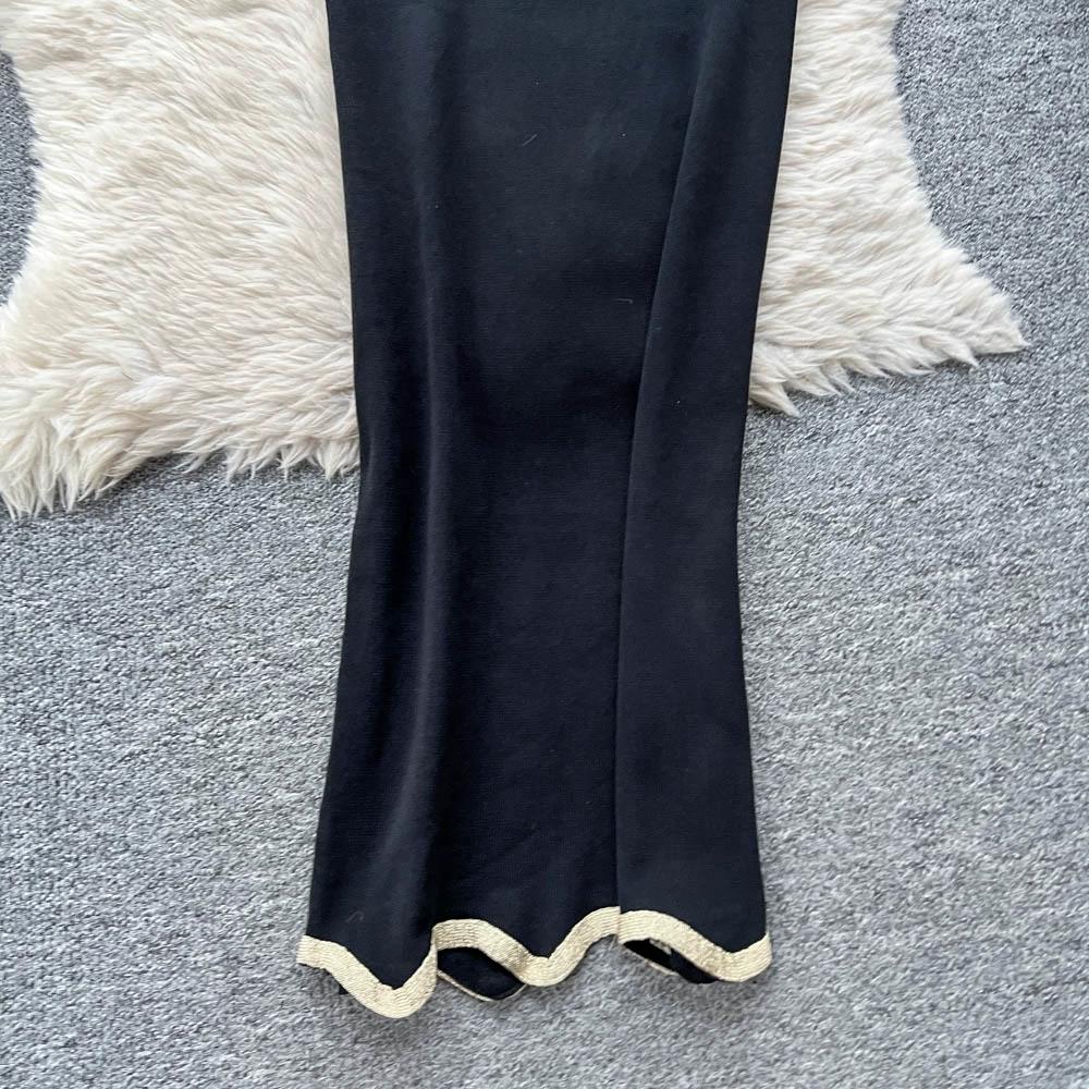 Letní dámský designový černý pletený svetr dvoudílný set krátký top tílko a dlouhá maxi pouzdrová sukně oblek