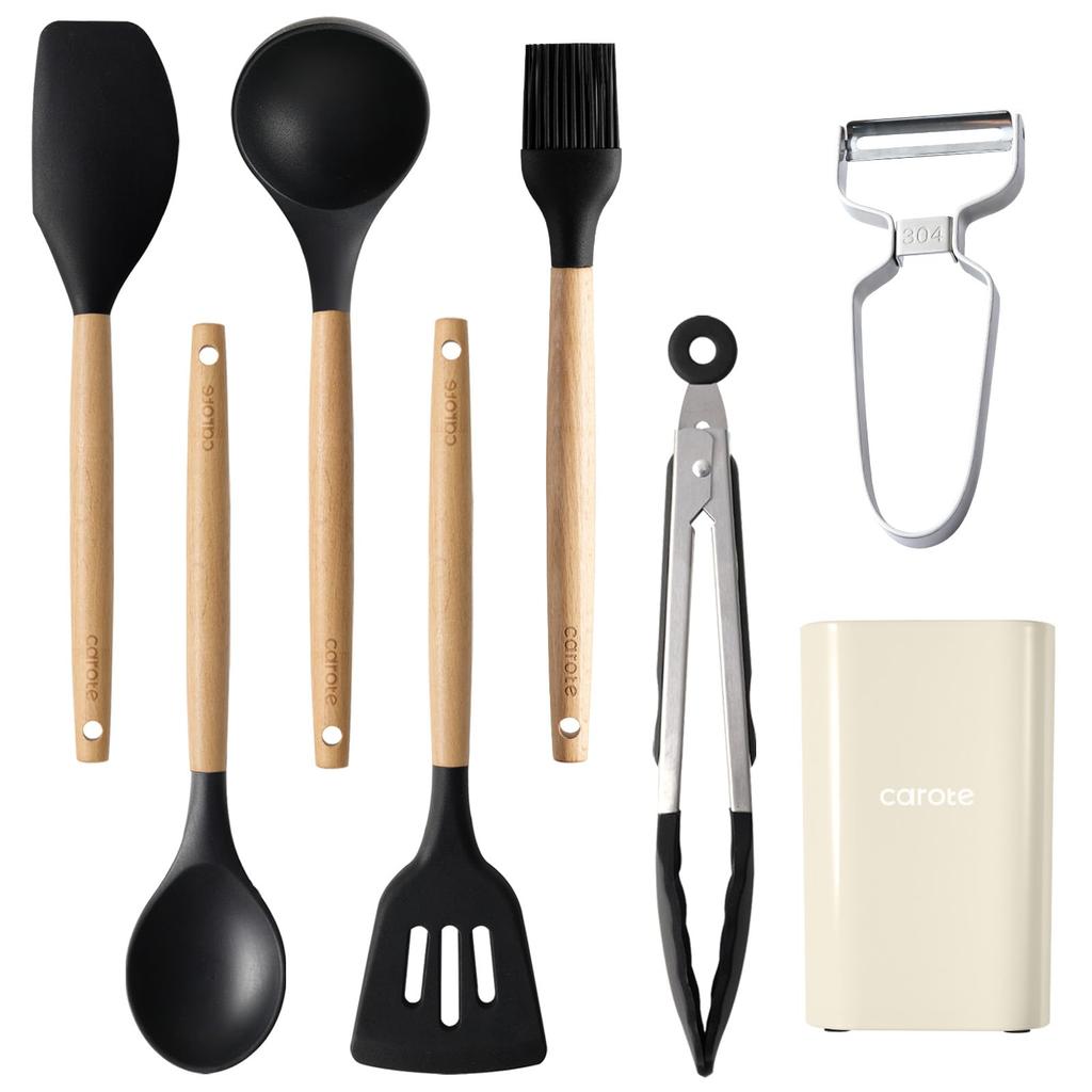 CAROTE Kitchen Tool Set of Silicone Cookware Tool High Heat Black of 8, Set, Returner, Ladle, Tongs, Whisk, Spatula, Brush, Spoon, Peeler, Stand,