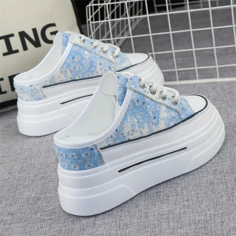 Mote Canvas Baotou Halvtøfler Dame Nye Sommer Yttertøy Alt-match Tykk Såle Innvendig Høydeøkning 8cm Uten Hæl Slip-on Sko
