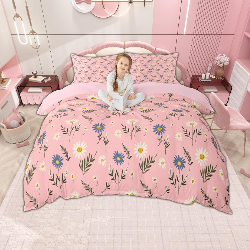 Homewish Colorful Floral Duvet Cover Set For Girls 2Pcs/3Pcs Cute Daisy Strawberry Bedding Cherry Flower Checkered Bed Set