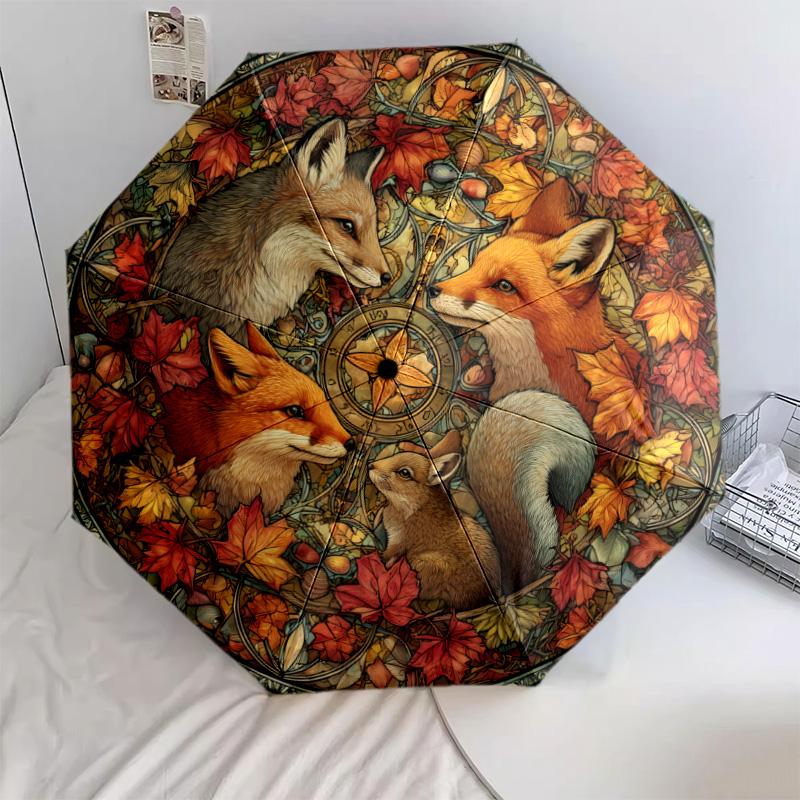 0106 Leaf Fox  Pattern, Automatic Folding Umbrella, Portable and Foldable Design, 8 Ribs, a Christmas or Birthday Gift.