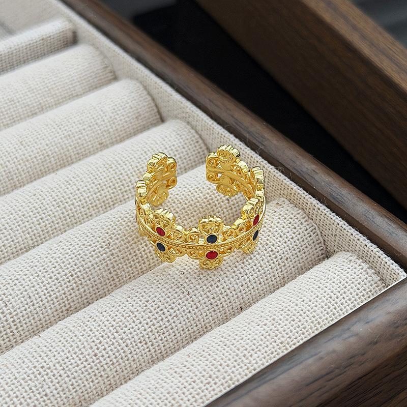 Mittelalterlich Vintage Hofstil Retro Gold Hohl Farbig Schatz Mit Diamanten Zir*****Stift Ring Stapelring Frau