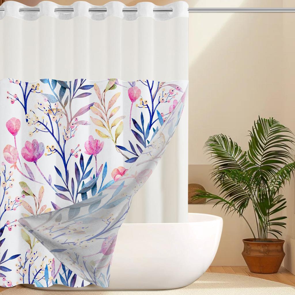 No Hook  Floral Pattern Shower Curtain With Snap-in Fabric Liner, Sheer Top Window, Waterproof Double Layer Bathtub Curtain