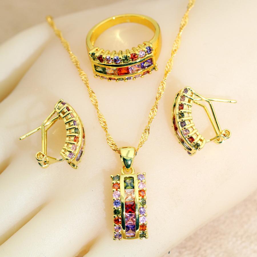 Quadratisch Mehrfarbiger Zirkon Schmucksets Brautohrringe für Damen Ring Anhänger Halskette Set Hochzeitsschmuck Geschenk 10 beige