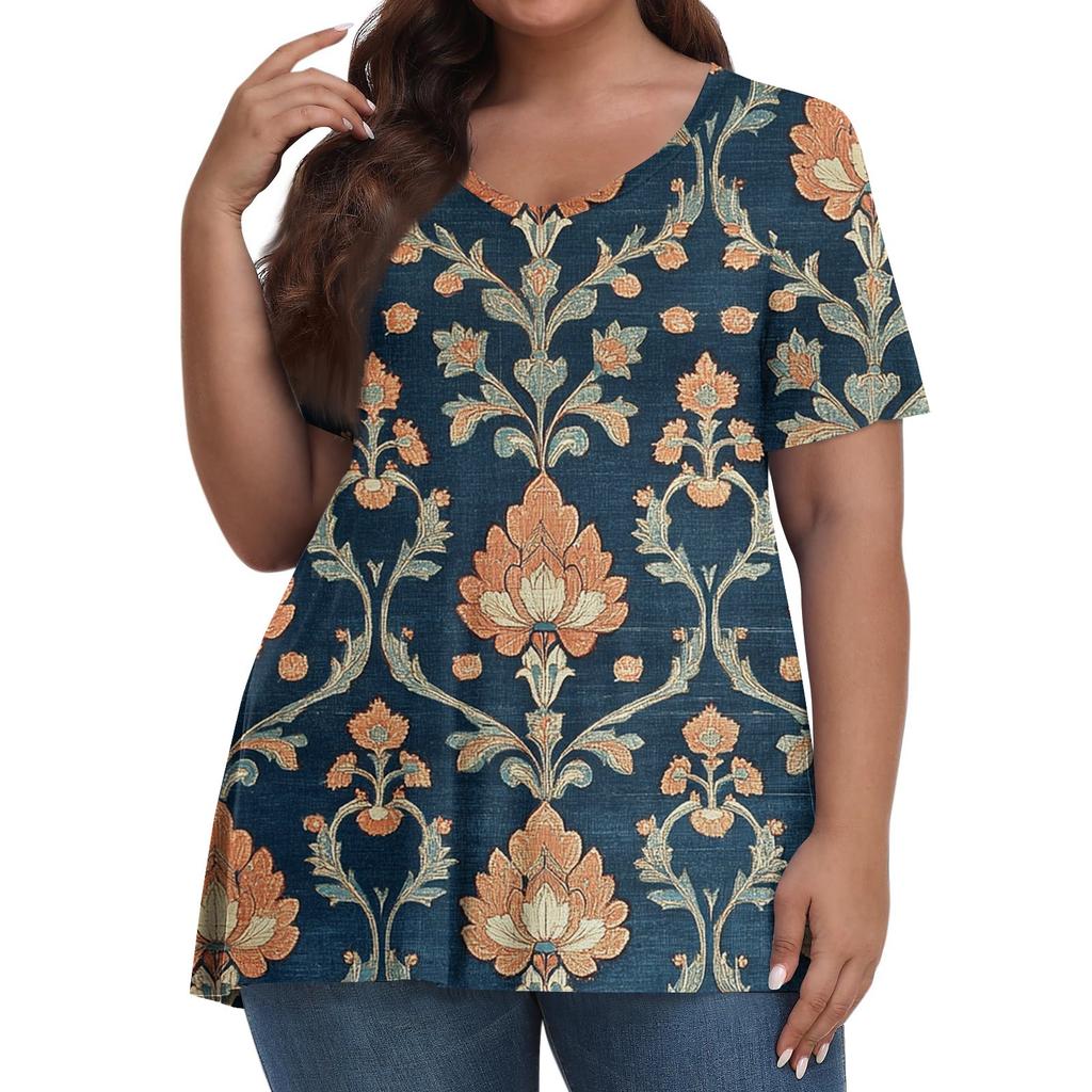 Women's Fashion Casual V-Neck Pullover Short Sleeve Large Size Vintage Printed Top