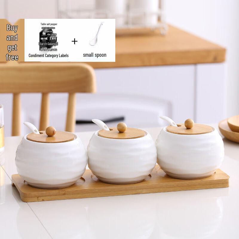 Ceramic Spice Jar & Condiment Set With Bamboo Tray, Spoons & Stickers