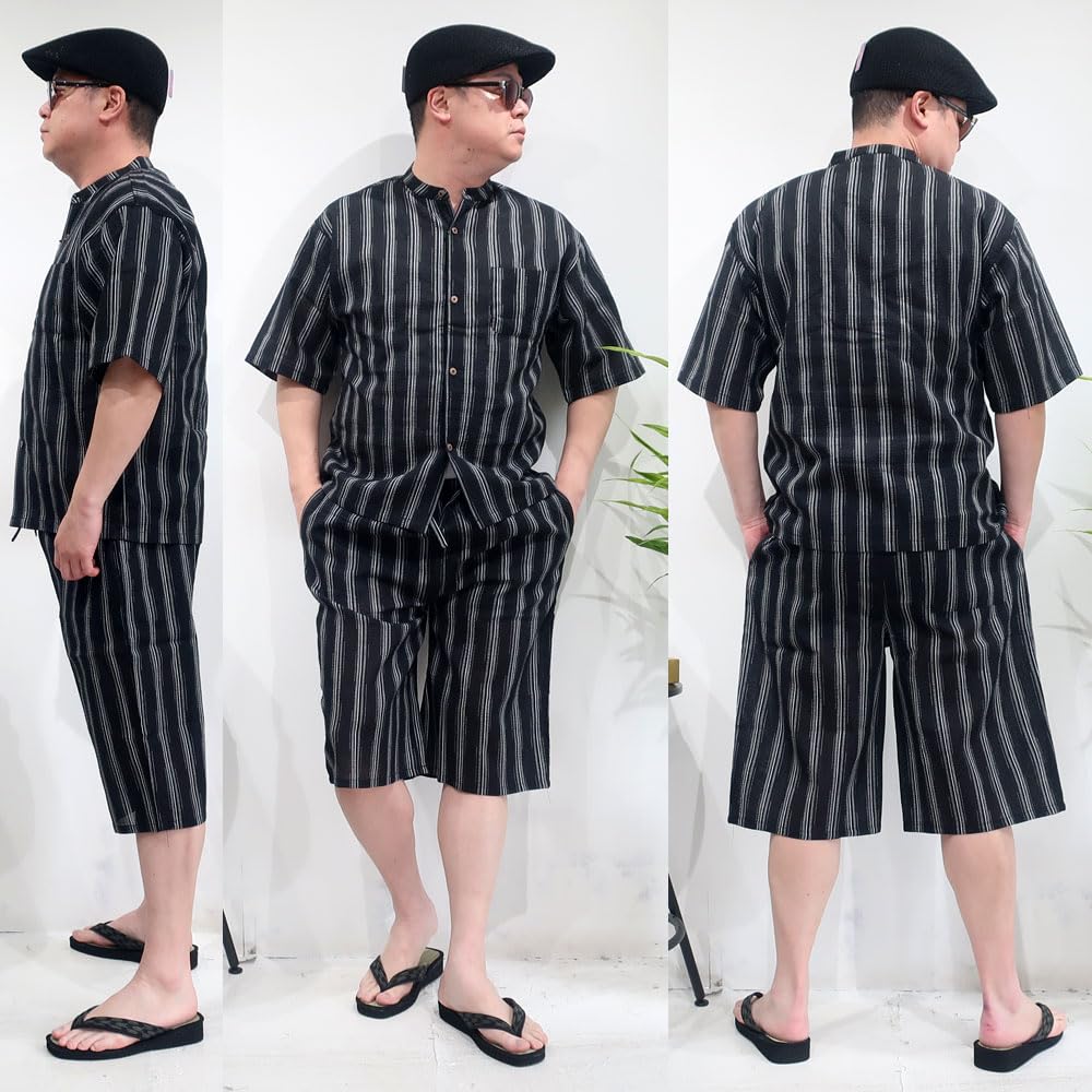 Cotton Shijira Weave Loungewear Set for Summer Pajamas Top and Bottom Set M L LL Cool Loungewear Jinbei Kimono 10000503 100% Men's Jinbei-style (JP,