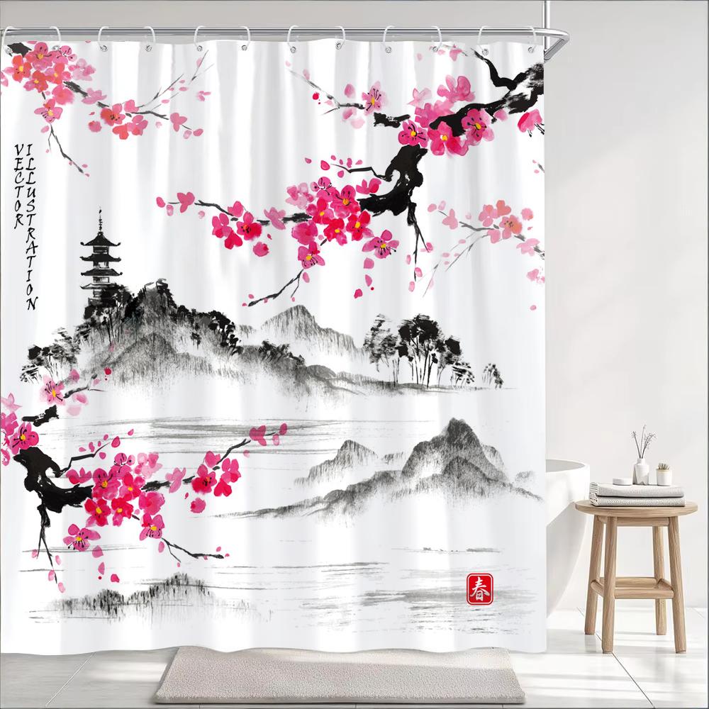 Japanese Wave Mount Fuji Plum Blossom Flower Printied Shower Curtain Waterproof Polyester Fabric Bathroom Curtains with 12 hooks