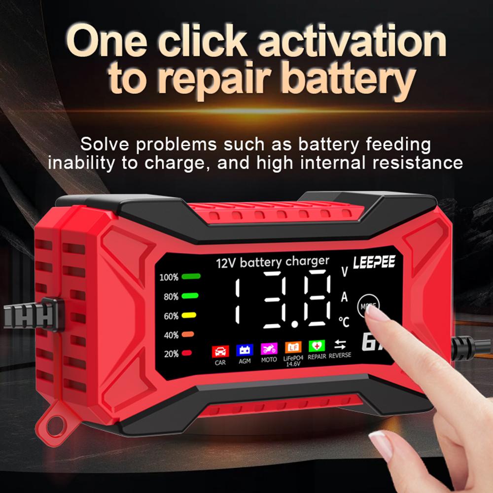 12V 6A Overvoltage Protection Intelligent Pulse Repair Car Battery Charger Voltage Temperature Detection Digital LCD Display